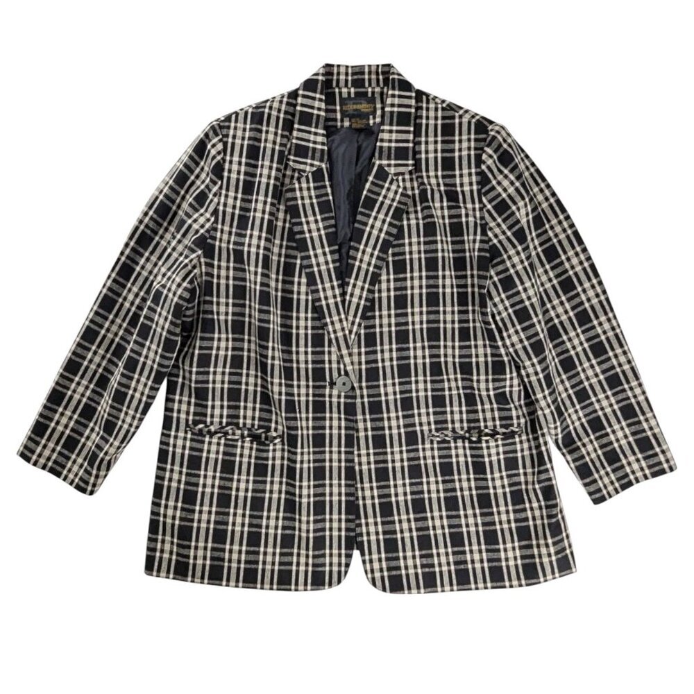 VTG Black White Yellow Plaid Linen Button Front Lined Blazer Corpcore Academia